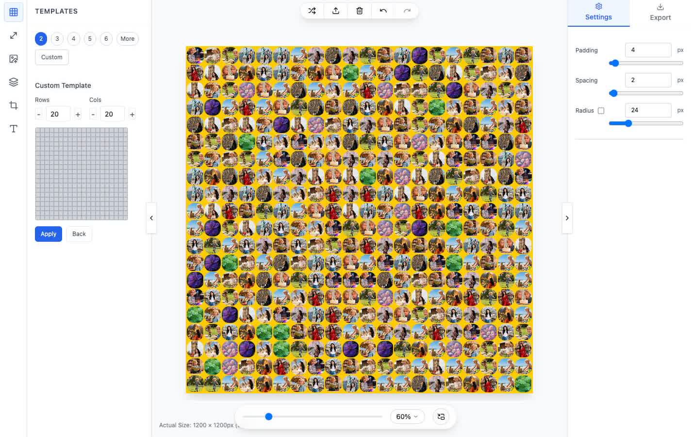 Custom photo collage grid layout with adjustable rows, columns, spacing, and corner radius