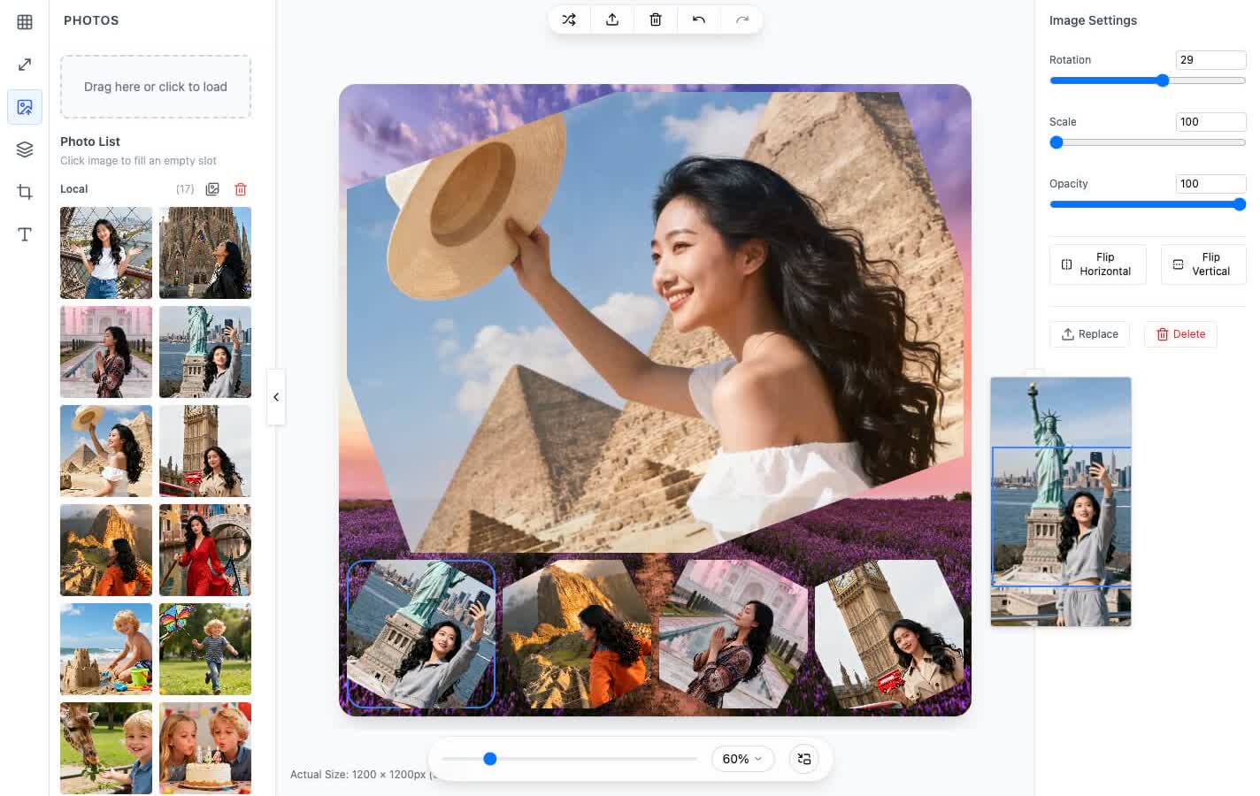 Photo collage editing controls for scale, rotate, flip, opacity, and precise photo positioning