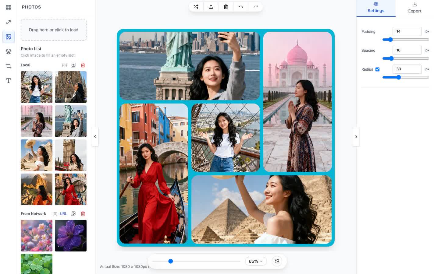 Online collage maker photo upload and management panel for drag-and-drop batch import and URL images