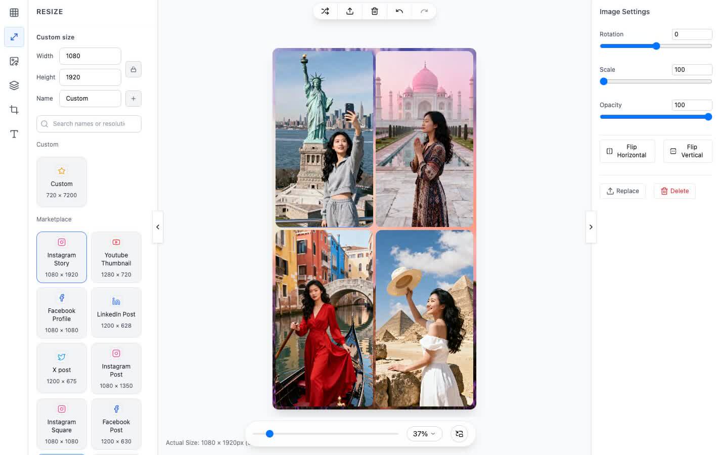 Photo collage canvas size presets for Instagram, Facebook, YouTube, LinkedIn, and print A4 or A3 layouts